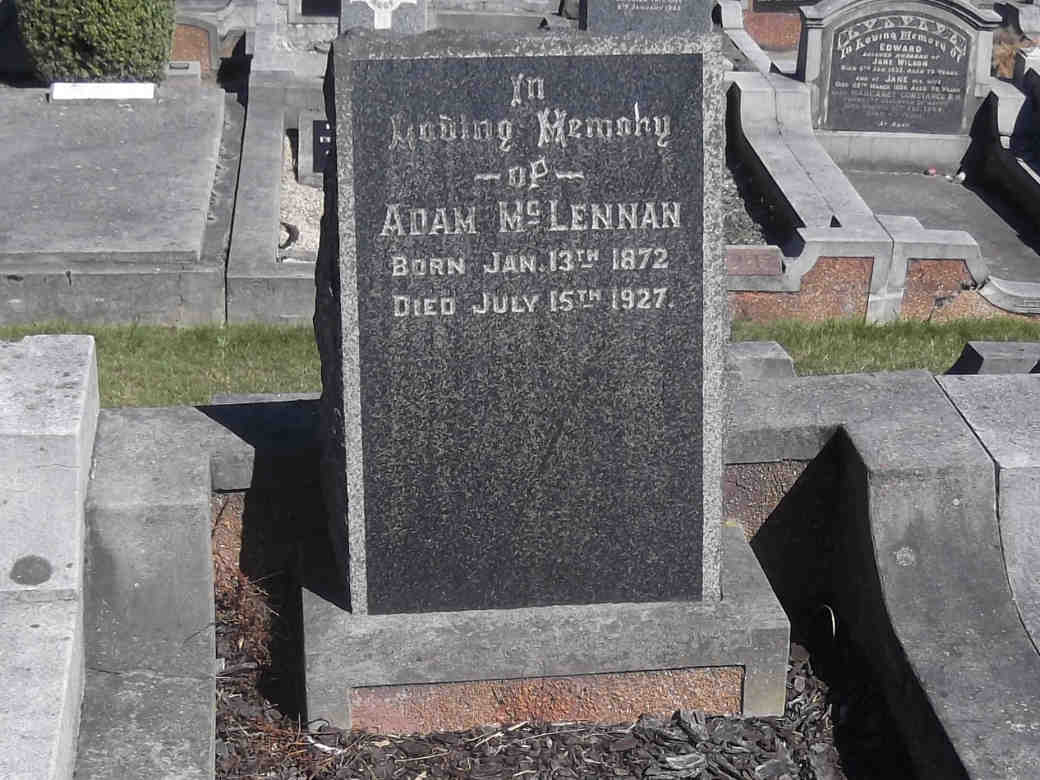 Photo of headstones/Adam McLennan 1872-1927 hdstn Dunedin Andersons Bay